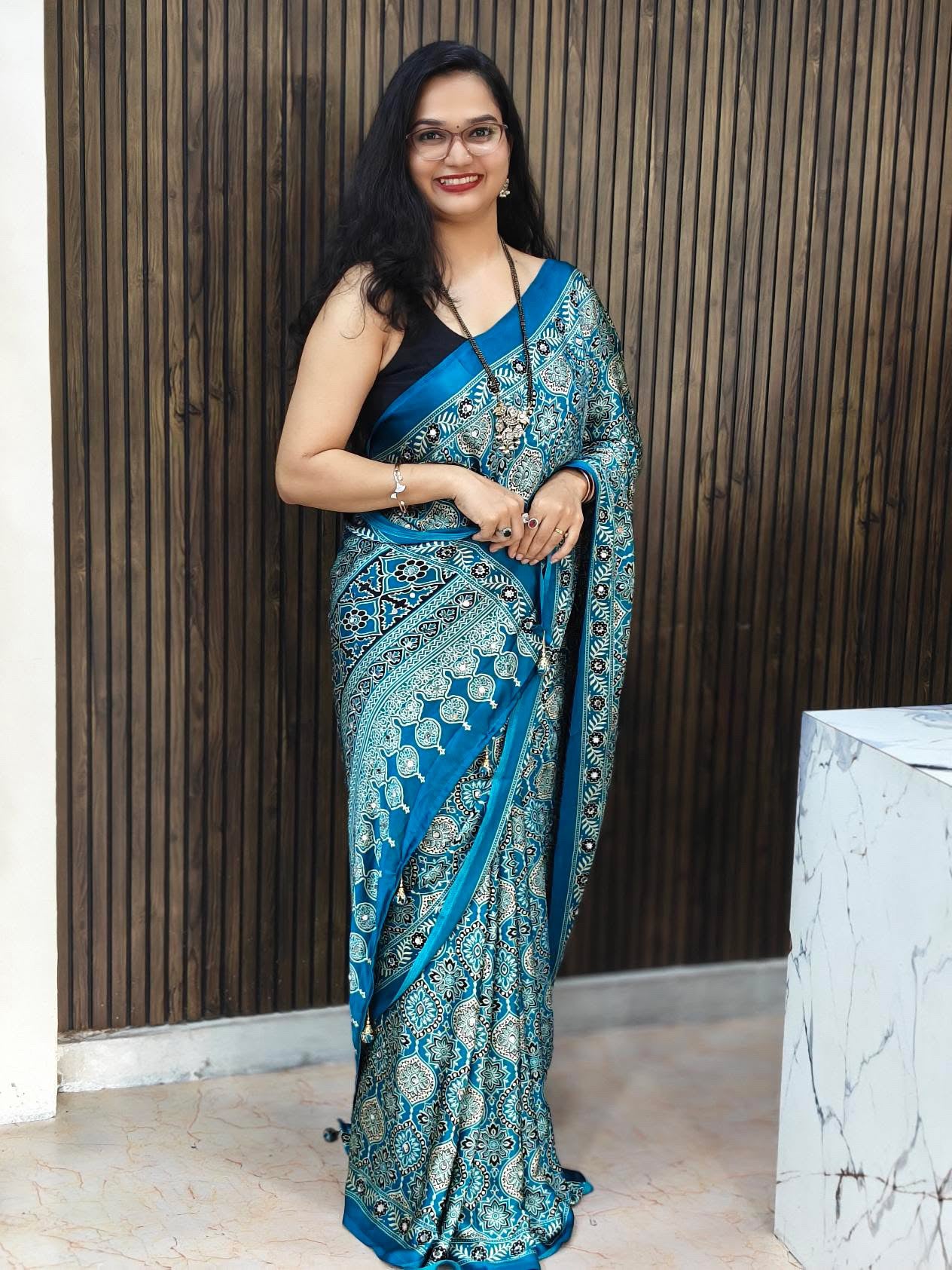 Semi Modal Silk Ajrakh Real Mirror : MH10