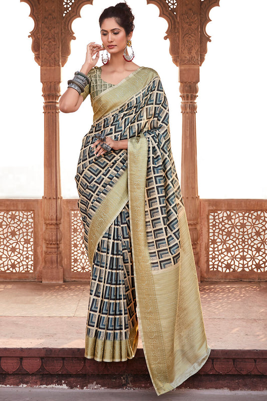 Greyish Blue Digital Printed Soft Silk Saree