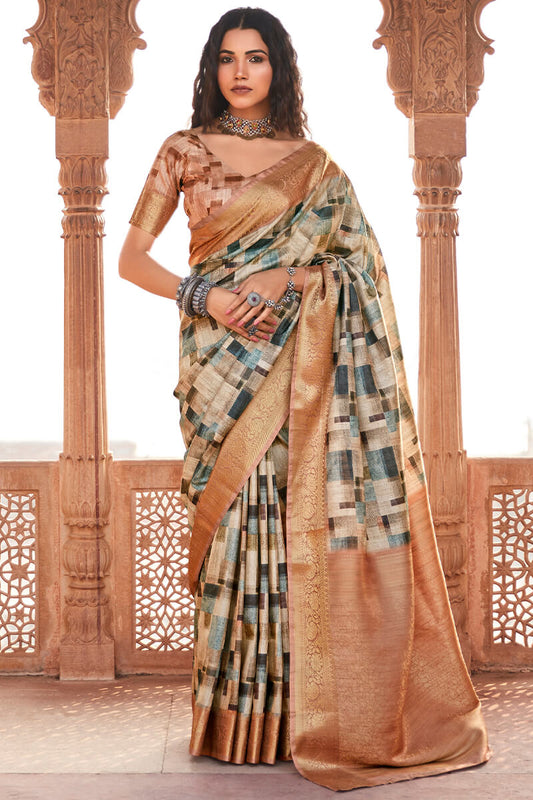 Pale Brown Digital Printed Soft Silk Saree