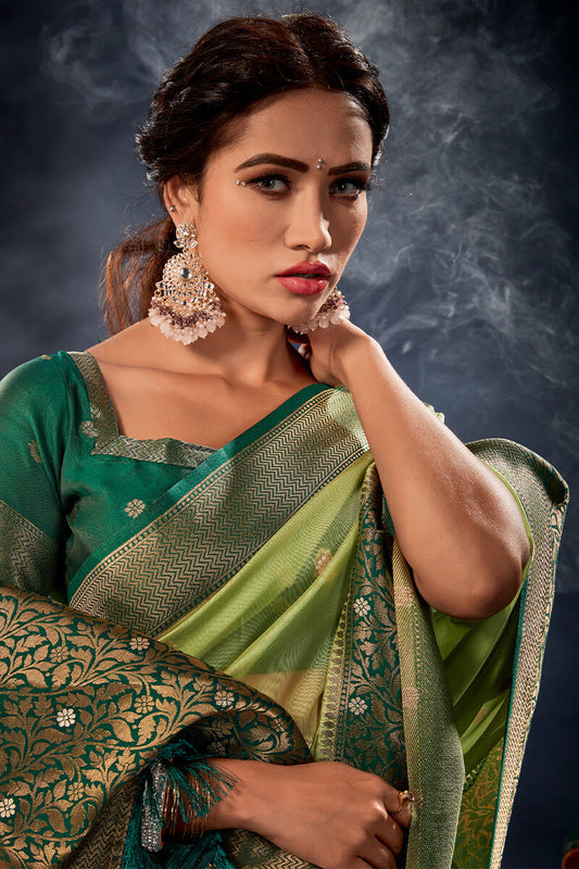 Pistachio and Green Organza Silk Saree