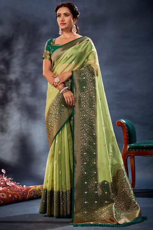 Pistachio and Green Organza Silk Saree