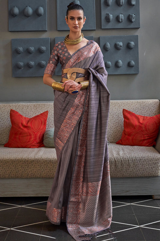 Purplish Grey Tussar Silk Saree