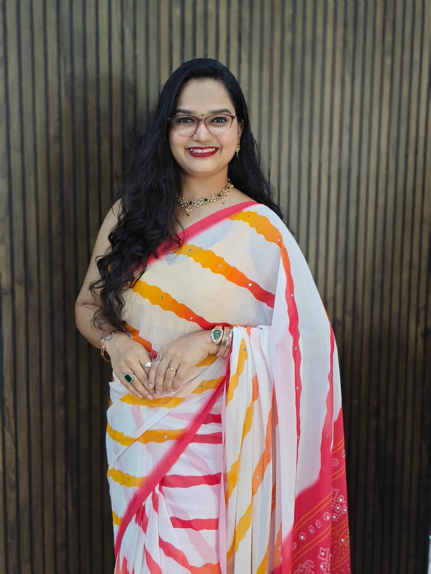 Leheriya Saree : White
