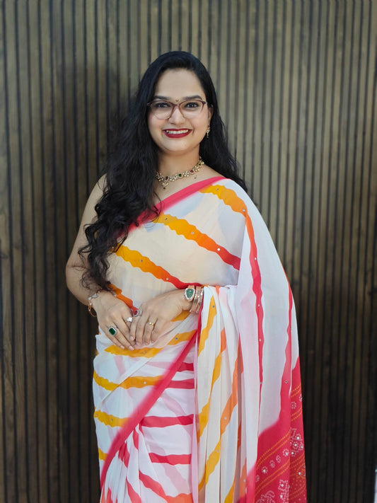 Leheriya Saree : White