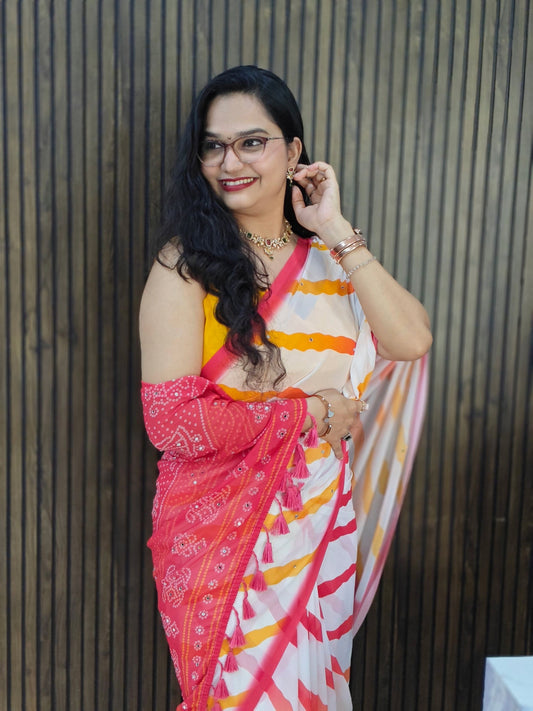 Leheriya Saree : White