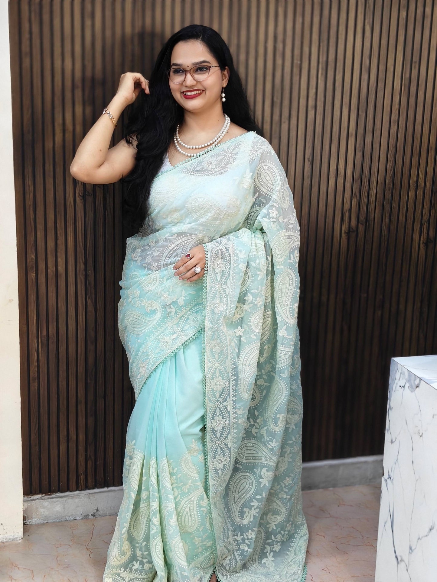 Manjiree Chikankari saree: Light Sky