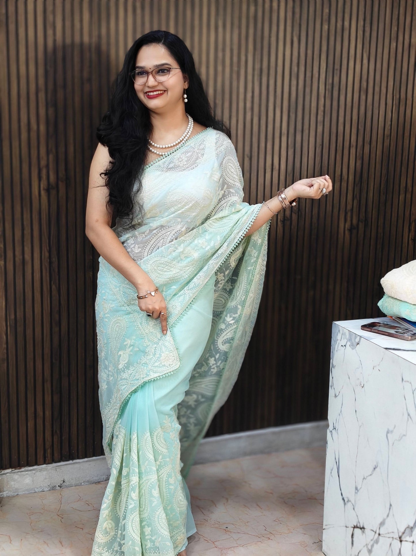Manjiree Chikankari saree: Light Sky