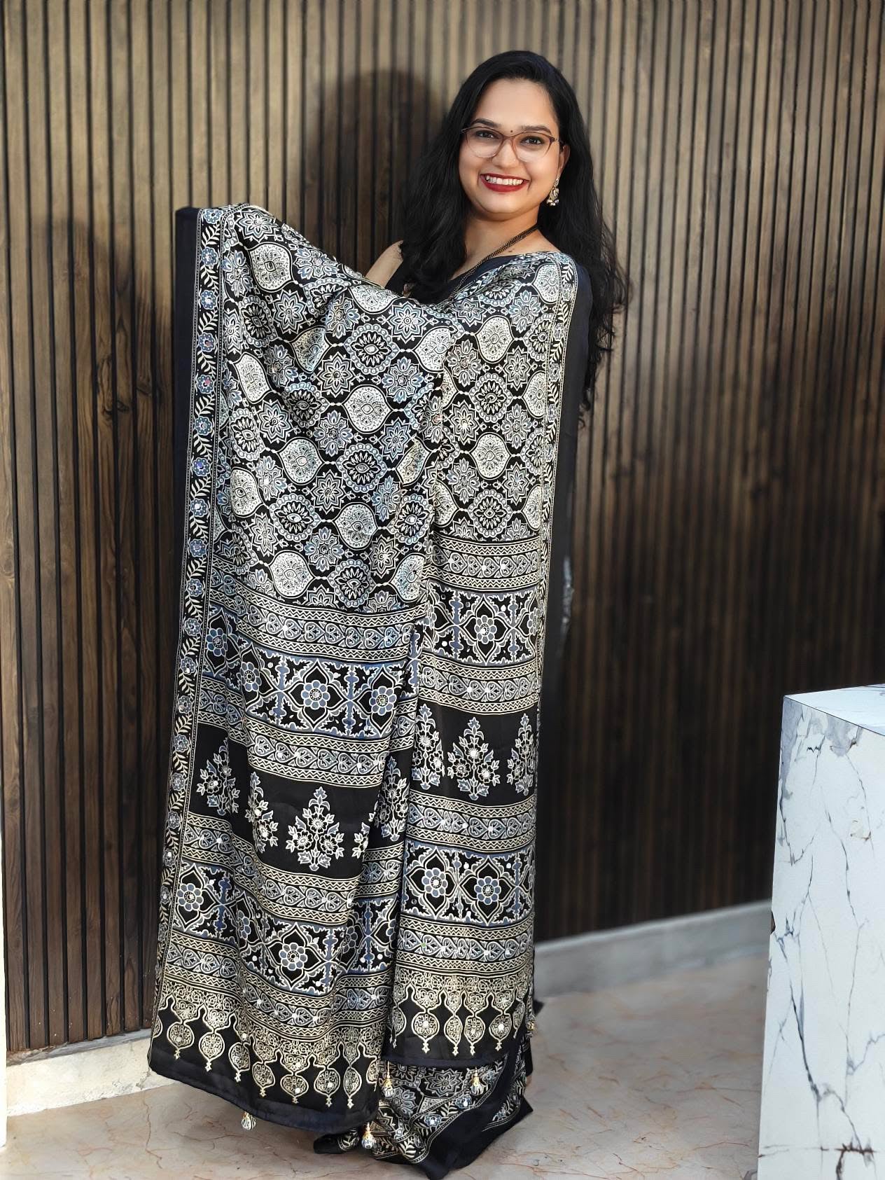Semi Modal Silk Ajrakh Real Mirror : MH10