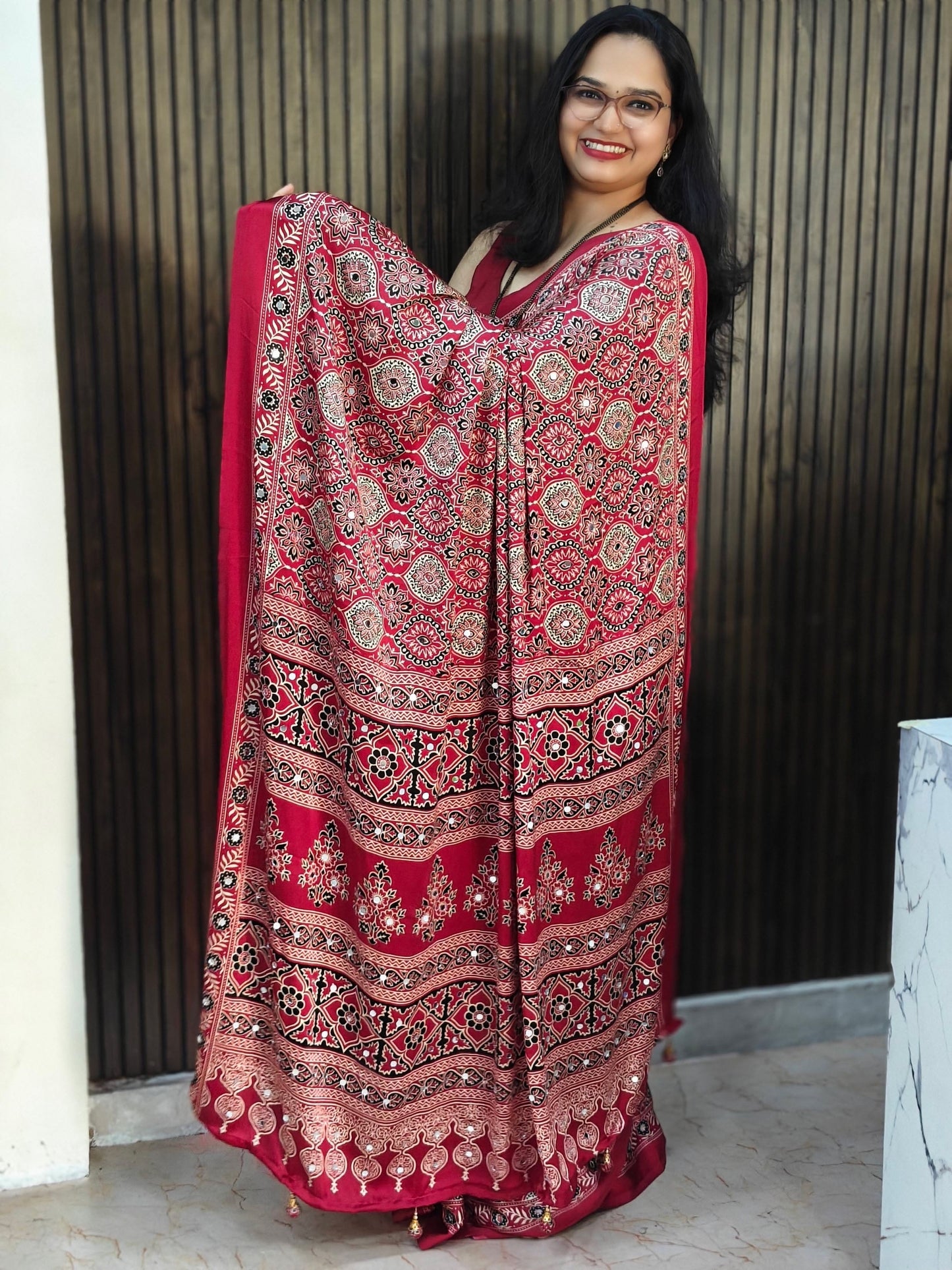 Semi Modal Silk Ajrakh Real Mirror : MH10