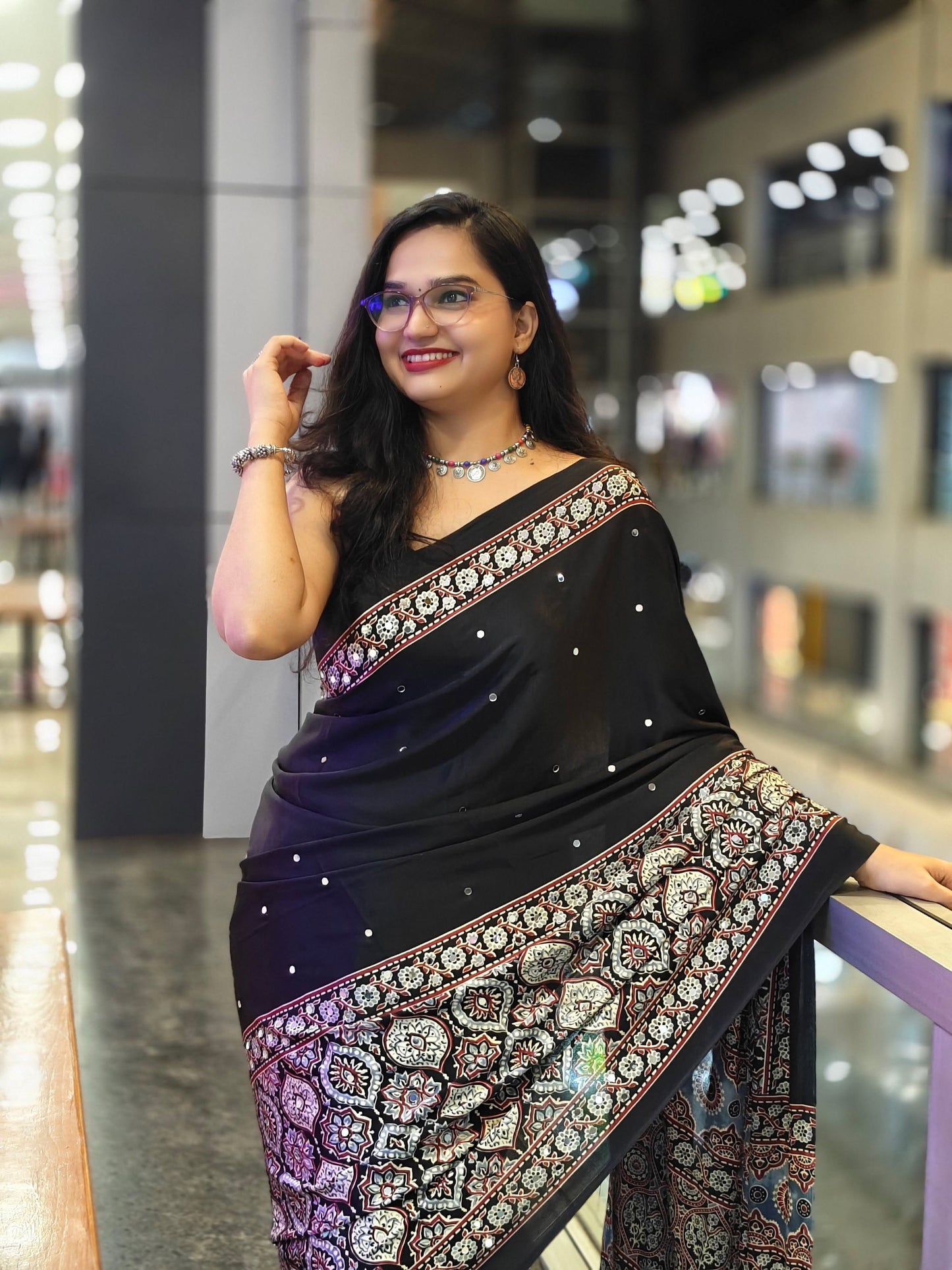 Semi Modal Silk Half Ajrakh Real Mirror : MH11