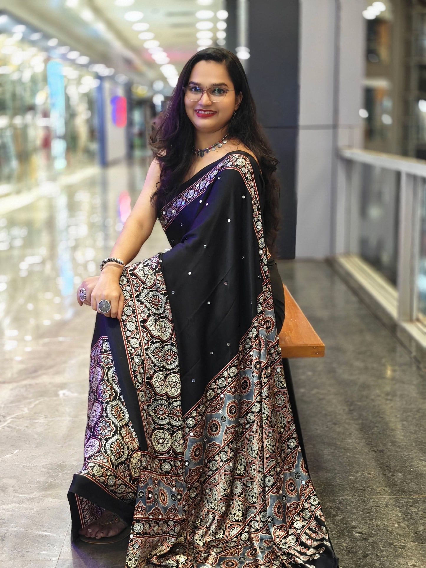 Semi Modal Silk Half Ajrakh Real Mirror : MH11
