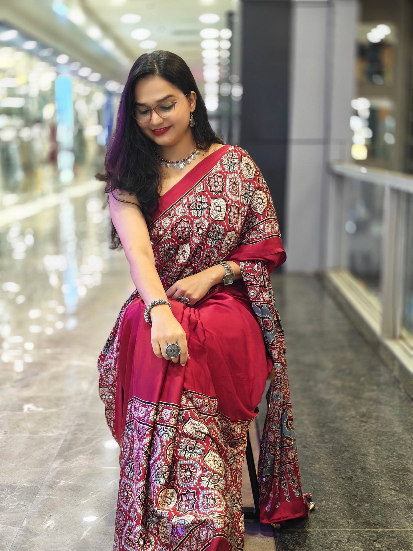 Semi Modal Silk Half Ajrakh Real Mirror : MH11