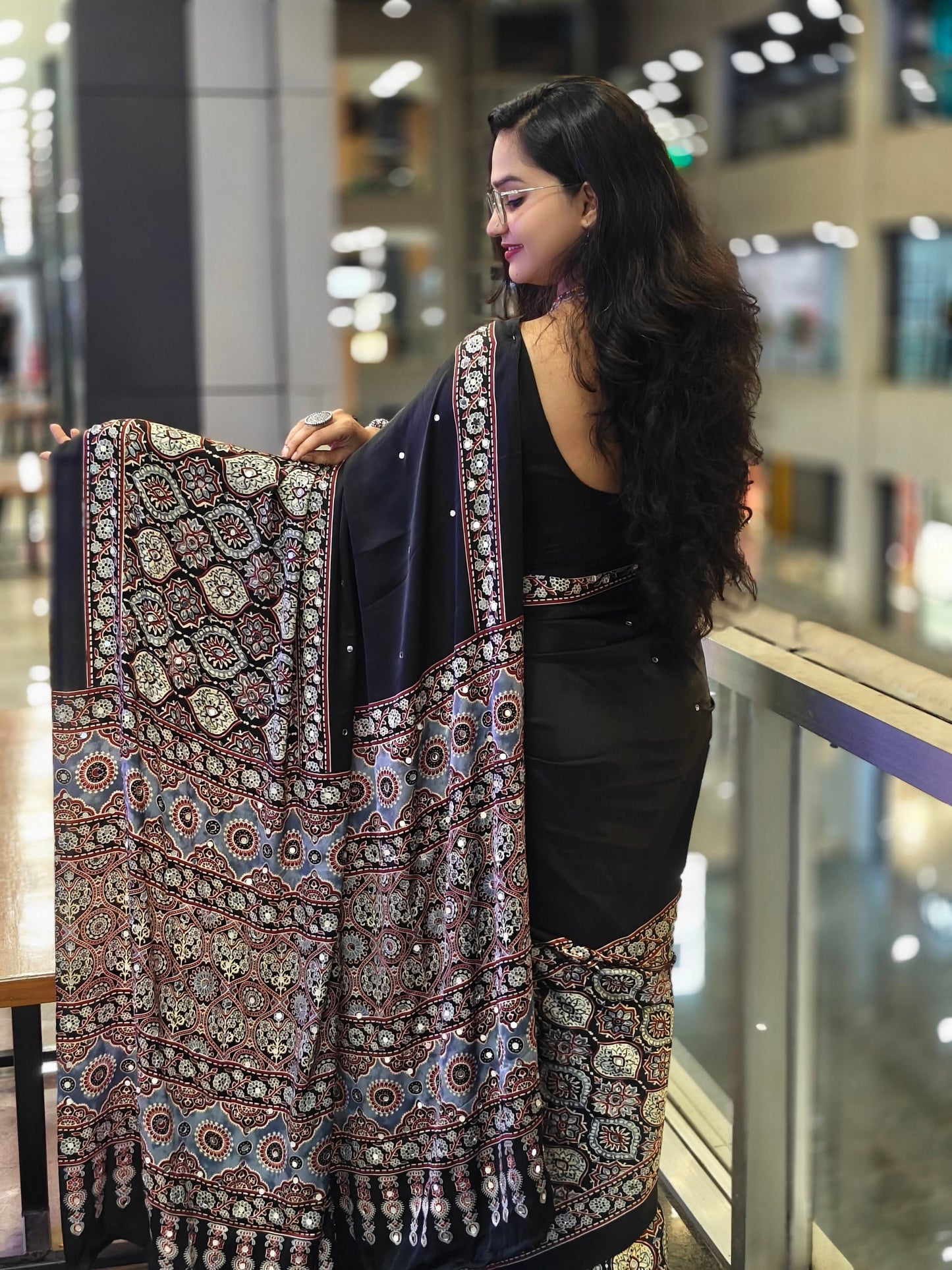 Semi Modal Silk Half Ajrakh Real Mirror : MH11