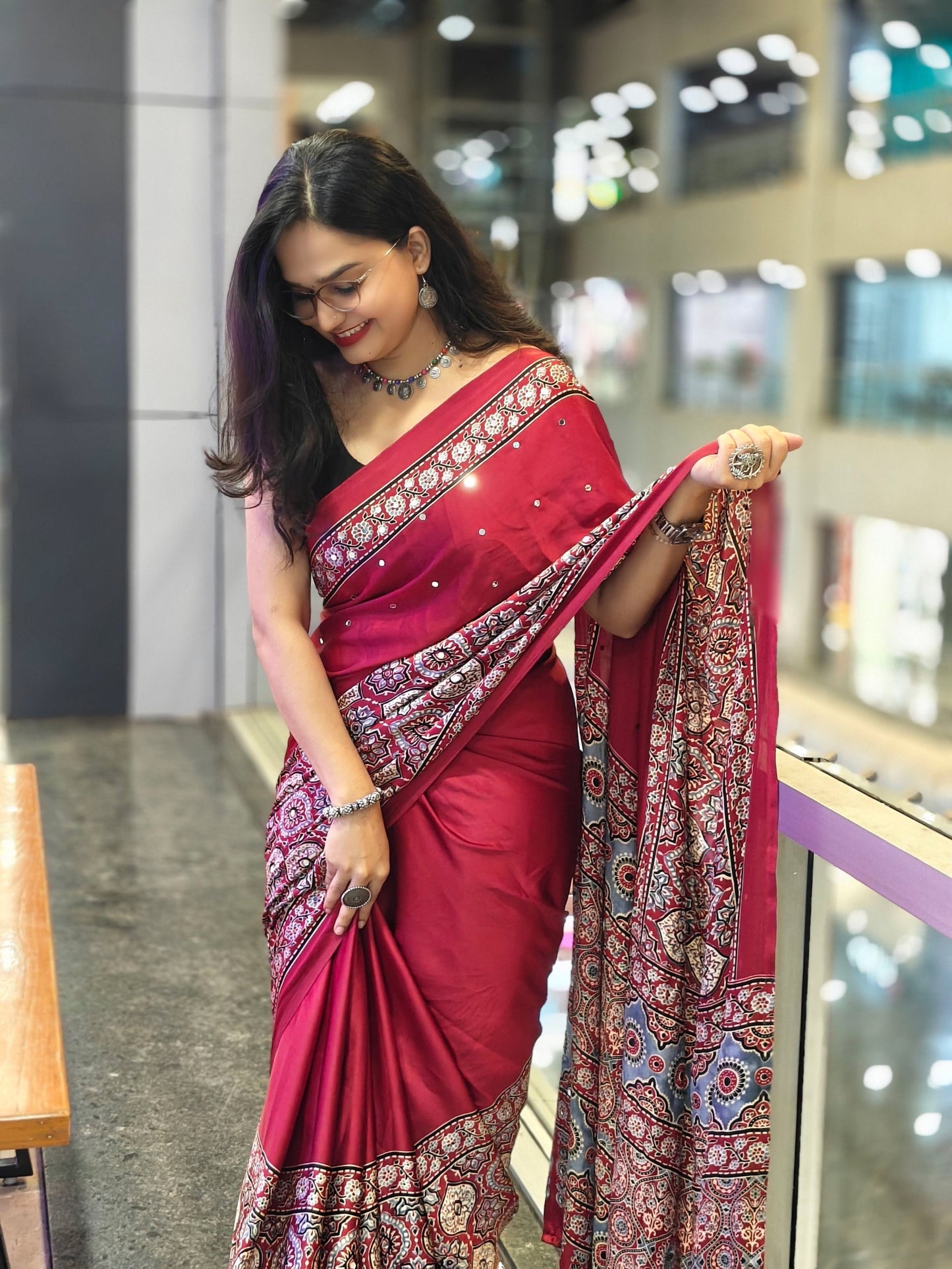 Semi Modal Silk Half Ajrakh Real Mirror : MH11
