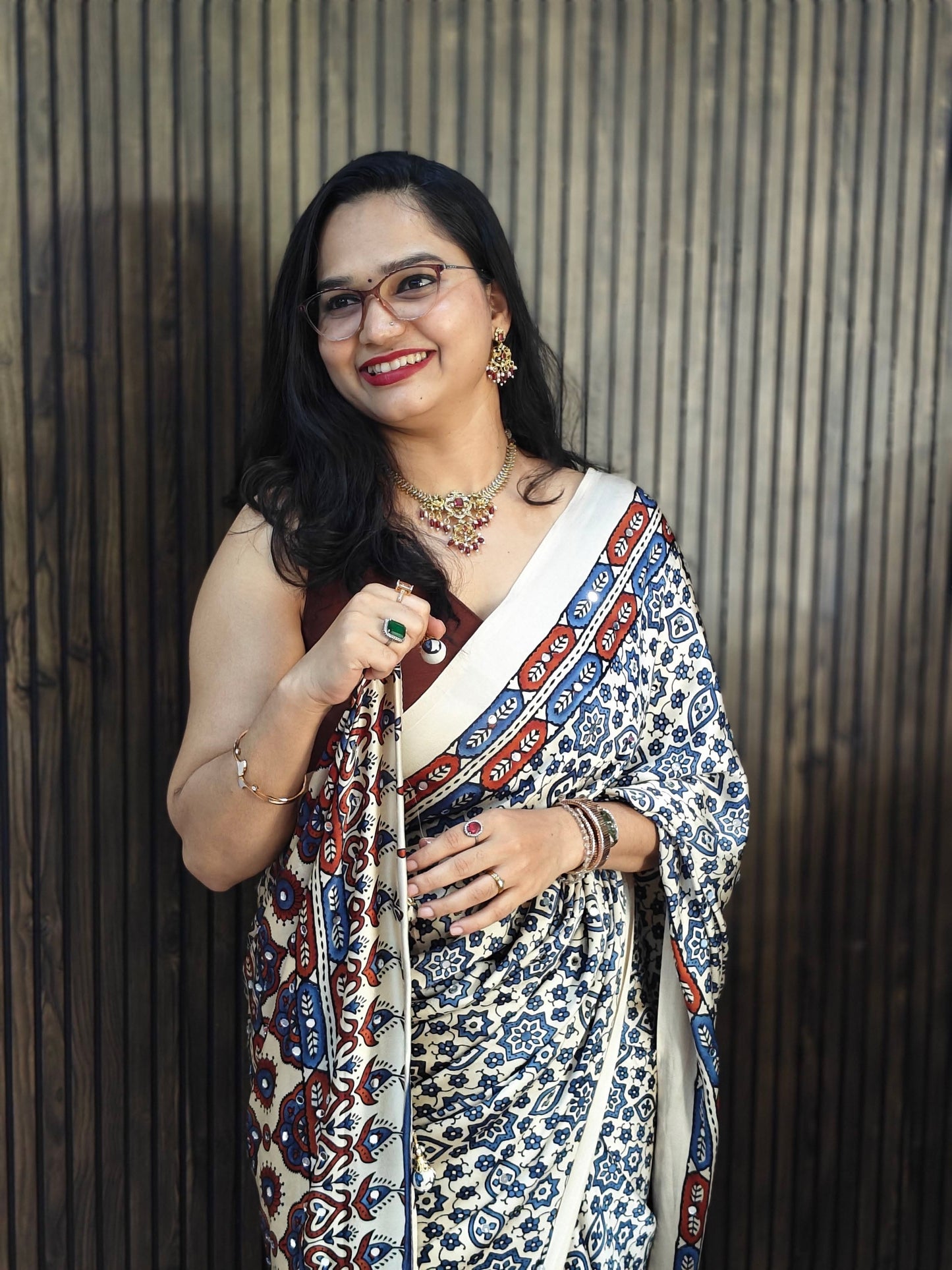 Indigo semi Modal Silk Half Ajrakh Real Mirror : MH12