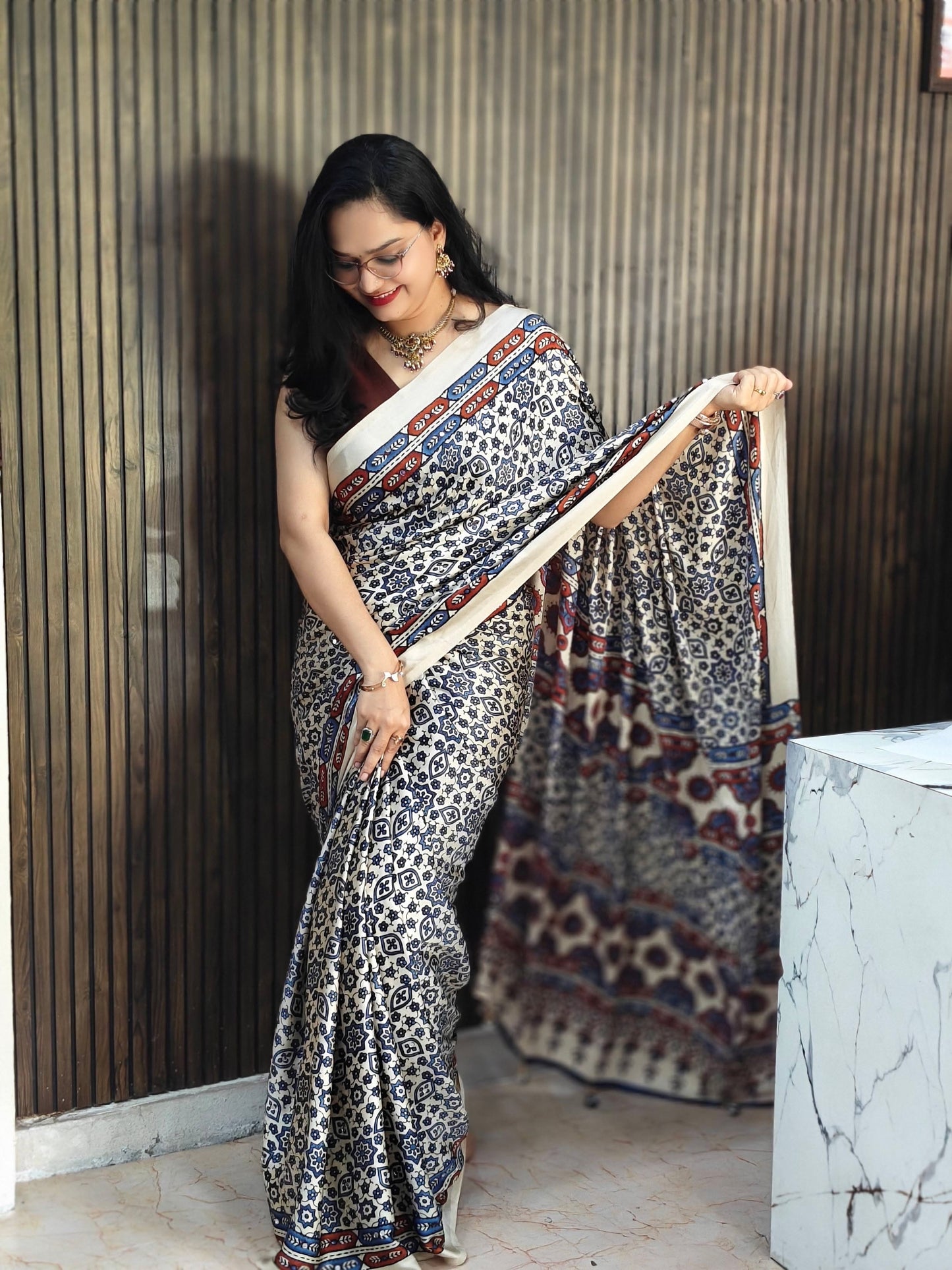 Indigo semi Modal Silk Half Ajrakh Real Mirror : MH12