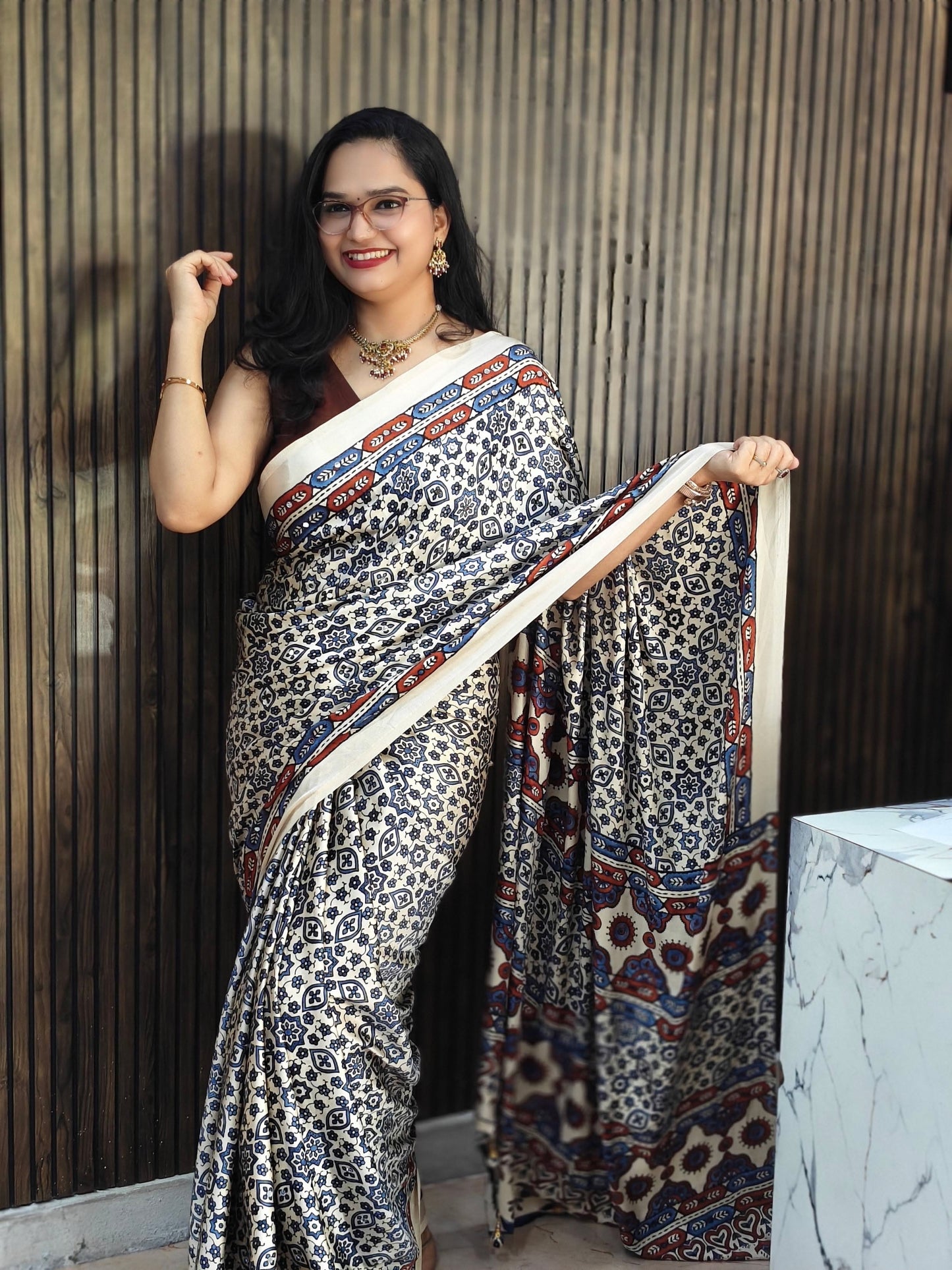 Indigo semi Modal Silk Half Ajrakh Real Mirror : MH12