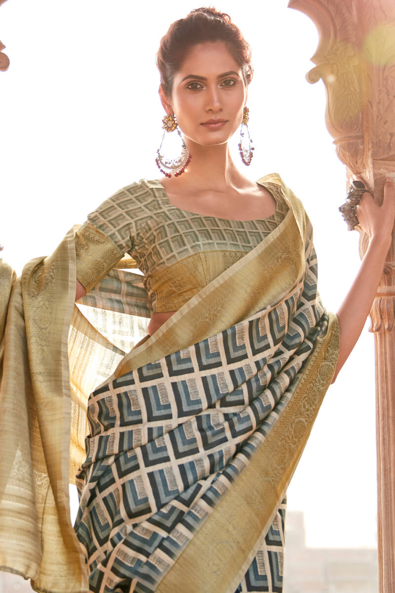 Greyish Blue Digital Printed Soft Silk Saree