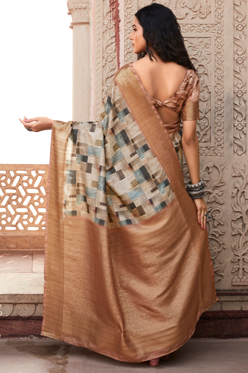 Pale Brown Digital Printed Soft Silk Saree