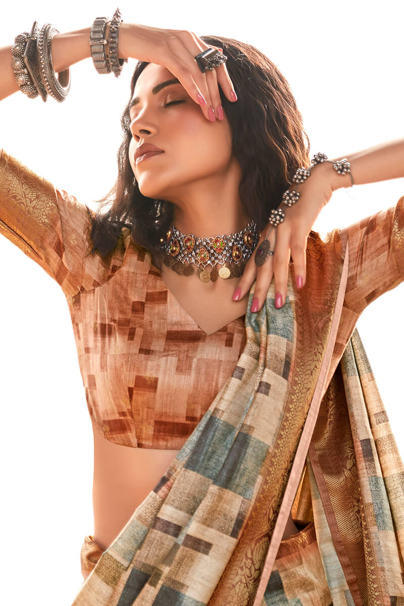 Pale Brown Digital Printed Soft Silk Saree