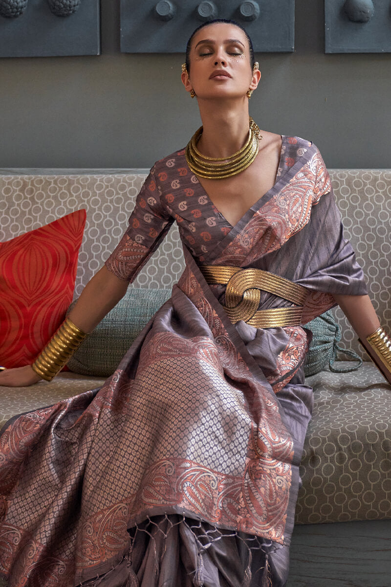 Purplish Grey Tussar Silk Saree